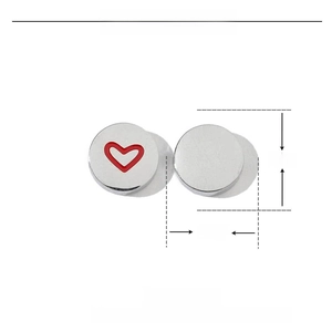 Detail view of 8mm heart stud earrings in stainless steel and red enamel with dimensions