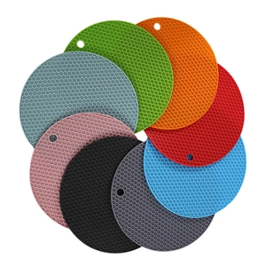 Set of 8 colorful round honeycomb silicone heat resistant placemats on white background
