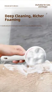 Detail of ergonomic pet bath brush creating rich foam on cat fur for deep cleaning