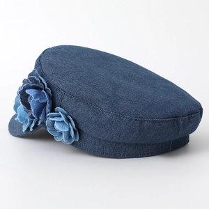 Deep blue denim flower beret hat for women with detailed floral side decorations
