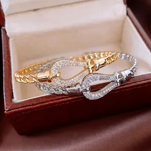 Horseshoe Buckle Bangle Copper 18K Gold Plated Cubic Zirconia Luxury U-Shape Open Cuff Fashion Jewelry Women