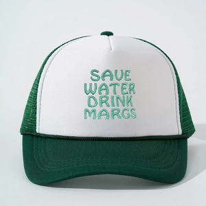 Green and white trucker hat with SAVE WATER DRINK MARGS embroidery and mesh back