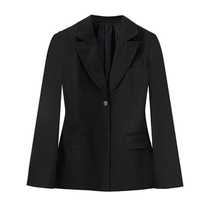 Slim fit women's black blazer jacket with shoulder pads and notched lapel