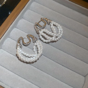 French fashion multi-layer pearl hoop earrings with zircon horseshoe buckle in silver finish