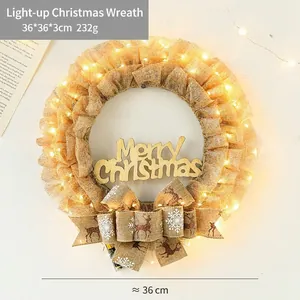 Christmas Wreath With LED Lights Burlap Pine Cones Red Berries Wood Merry Christmas Sign For Door Wall Hanging Home Decor