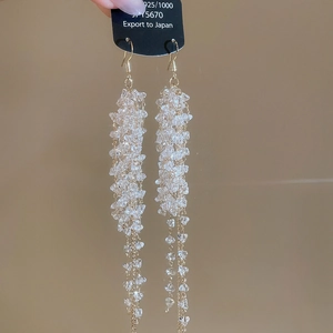 Close-up of elegant crystal cluster tassel earrings featuring 925 silver gold-plated hooks