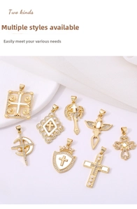 Macro detail of eight luxury gold-plated pendants with pearls and zircon in cross designs
