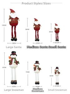 Detailed size chart for Santa Claus and Snowman plush decor, from 50cm to 120cm height