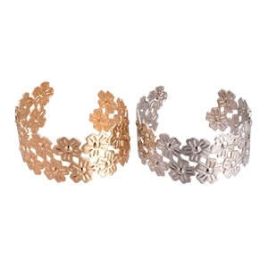 Minimalist double-layer floral open cuff bracelets in polished gold and silver finishes