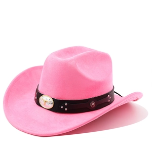 Detail of pink faux suede cowboy hat with metal bull head buckle and star studs