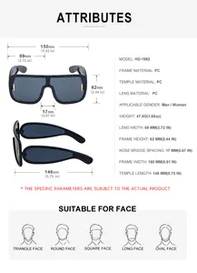 Detailed size chart for oversized PC sunglasses showing frame dimensions and temple length