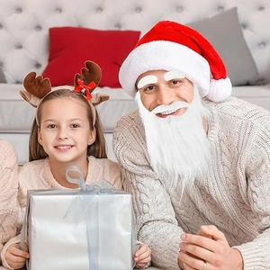 Detailed view of realistic white Santa Claus beard and eyebrows set for Christmas decor
