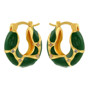 Vintage green enamel hoop earrings with gold-plated metal and zircon stone inlay