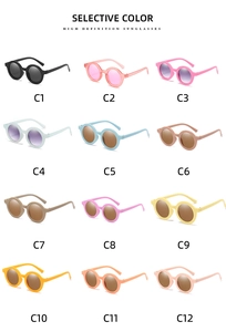 Detailed catalog of twelve retro round-frame kids sunglasses in multiple matte colors