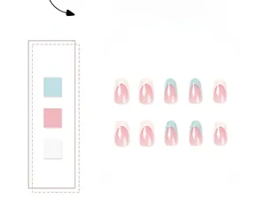 Detail von rosa Almond-Nägeln zum Aufkleben mit hellblauen French Tips und Hochglanz