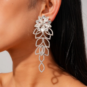 Elegant floral leaf dangle earrings with silver needle and shimmering white zircons