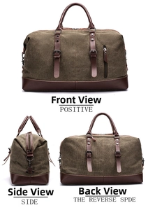 Three-view layout of large canvas travel bag showing front, side and reverse perspectives