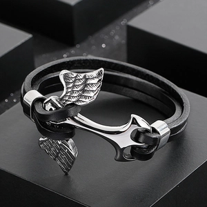 Men's double-layer black leather bracelet with silver anchor and wing metal clasp