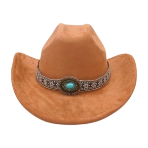 Detail of camel suede western cowboy hat with ethnic woven band and turquoise stone
