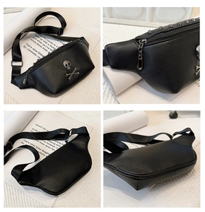 Detail views of black pebble leather waist bag with silver skull ornament and metal zipper