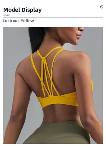 Vue détaillée du dos d'un soutien-gorge de sport jaune avec de fines bretelles géométriques