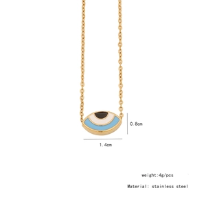 Detail showing 1.4cm stainless steel evil eye pendant with 4g weight specifications