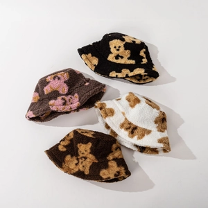 Cute teddy bear pattern plush bucket hat for winter warmth in four diverse colors