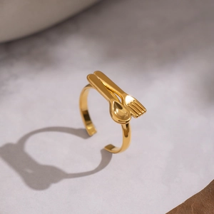 Unique gold spoon and fork open ring in polished stainless steel for women