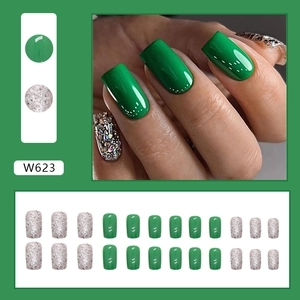 Sparkly green and silver glitter square press-on nails set in medium length 24pcs