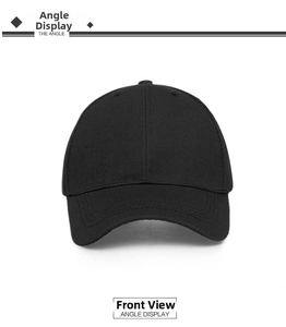 Front view of a classic black six-panel twill cotton baseball cap with a curved brim