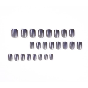Short square press-on nails with purple cat-eye magnetic gradient finish on white background
