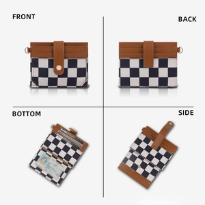 Detailed views of RFID card holder with checkerboard canvas, leather trim and clear ID slot
