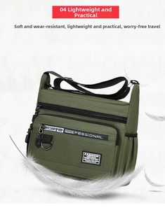 Detail of army green crossbody bag with multi-zipper compartments and adjustable strap