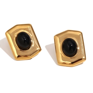 18K gold plated stainless steel hexagonal shield stud earrings with black stone inlay