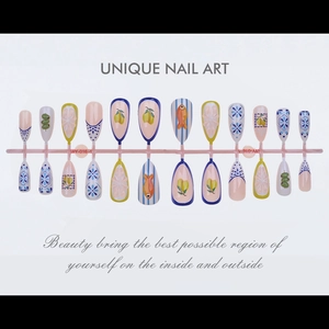 Detail view of 24pcs blue and yellow 3D Mediterranean lemon and fish press-on nails