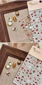Details von 3D-Präge-Nagelstickern mit Vintage-Dessert- und Minz-Schokoladen-Mustern