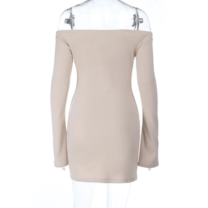 Detail view of the back of a slim fit off-shoulder beige knit dress on a transparent model