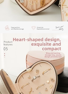 Macro shot of compact heart-shaped PU leather jewelry box with ring and earring slots