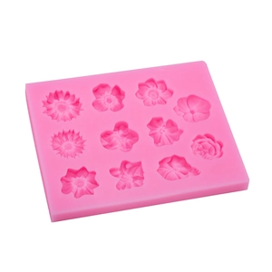 Pink silicone cake mold with 11 floral shapes for DIY fondant and soap making crafts