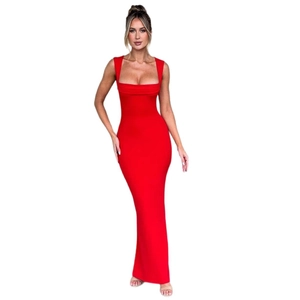 Elegant slim fit red maxi dress with square neck design for a formal evening look