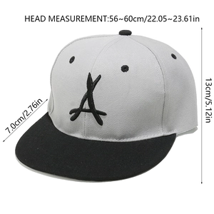 Detailed size chart showing grey and black baseball cap dimensions and A letter embroidery