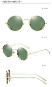 Detailed views of vintage round punk sunglasses with gold metal frames and green lenses