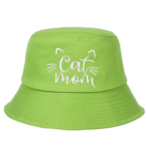 Detail of neon green cotton bucket hat featuring white Cat Mom embroidery and stitching