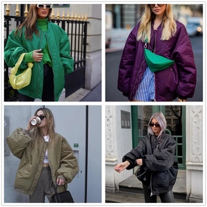Oversized women's satin bomber jacket in green, purple, khaki, and black colors