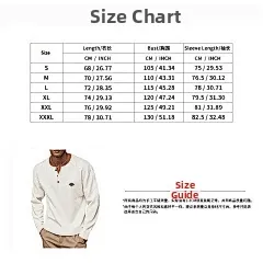 Size guide with CM and INCH measurements for men's waffle raglan sleeve henley shirts