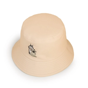 Close-up of beige cotton bucket hat with cute cartoon husky and pug dog embroidery