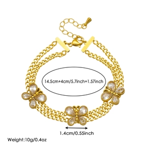 Gold-plated stainless steel double-layered butterfly bracelet with crystal accents