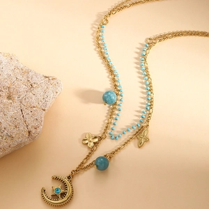 Bohemian double-layer titanium necklace with blue beads and star moon pendant