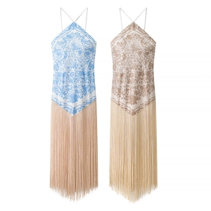 Robe Longue Élégante pour Femmes Dos Nu Imprimé Floral avec Franges Bohème Sans Manches Robe Longue pour Vacances Fête