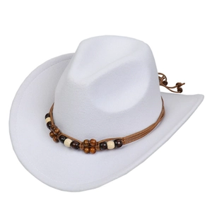 Close-up of white western cowboy hat with brown braided band and decorative wooden beads